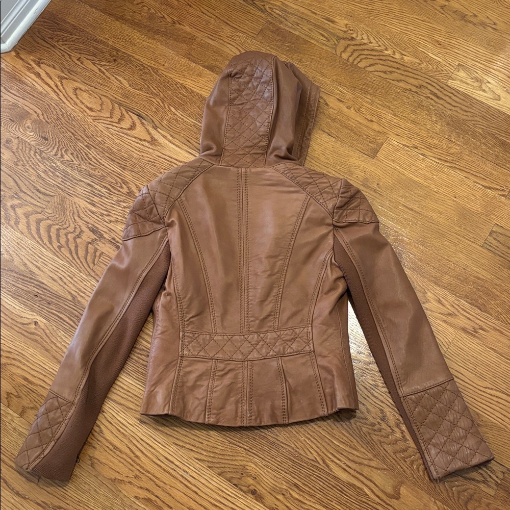 Michael Kors Tan Leather Hooded Jacket - Picture 7 of 7